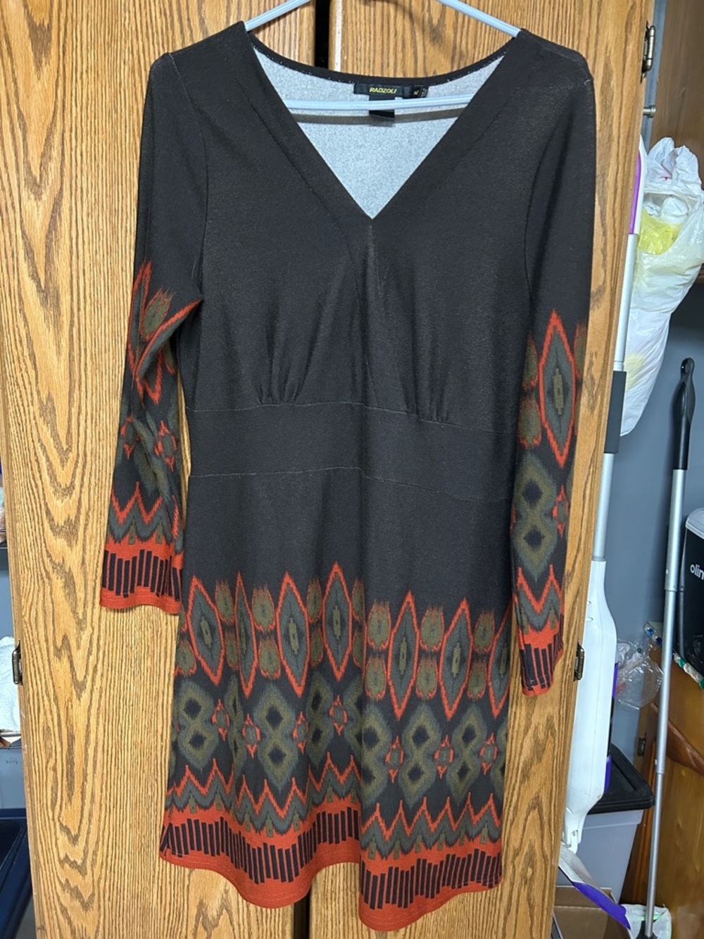 Radzoli Black Long Sleeve V-Neck Dress w/ Rust and Olive Aztec Pattern XL